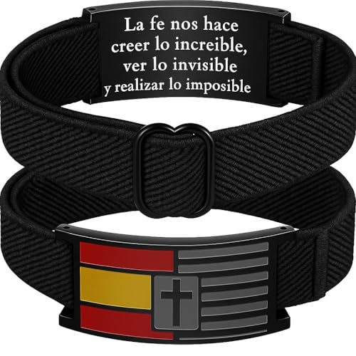 HOGALTHY Pulsera España Militar Pulseras de hombre elásticas con cierre ajustable hasta 25 cm Brazalete acero inoxidable bandera española y cruz fe cristiana Regalo personalizado con bolsa (NEGRO)