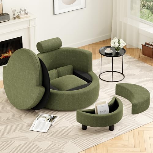 AYEASY Swivel Accent Chair with Half Moon Storage Ottoman, Round Oversized Swivel Barrel Chair with Base Storage for Living Room, 360°Modern with 3 Pillows for Home, Knitted Chenille Fabric, Green