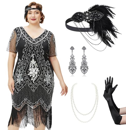 BABEYOND Great Dresses Set for Women Plus Size Cocktail Dress 1920s Flapper Costume for Women with Accessories Set