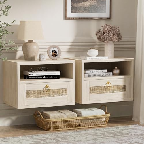 IGERI Floating Nightstand Set of 2 with Drawer for Wall Mounted Hanging Rattan Night Stand Bed Side Tables Wooden End Table Small Boho Dressers for Bedroom Farmhouse Shelves with Drawers