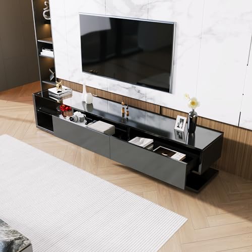 VIVCA Armarios de TV, armarios bajos, muebles de salón de alto brillo, mamparas de cristal e iluminación LED variable. Combina un estilo rústico natural con un diseño moderno.