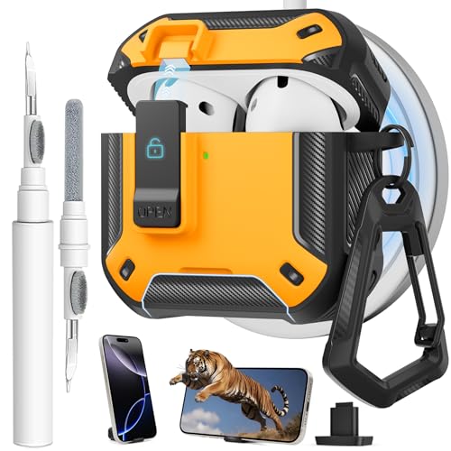 Image of for AirPods 4 Case with Magnetic Secure Lock Clip and Phone Stand, Compatible with Magsafe Charging, with Carabiner&Cleaner kit for Apple iPod 4th Generation Cover(2024) Men Women (Yellow)