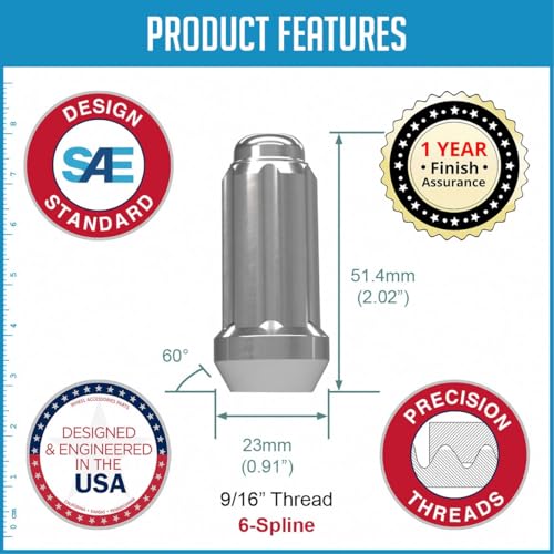 Image of Wheel Accessories Parts 60 Pcs 9 /16 inch Thread Truck 2.00 inch Long Spline Lug Nuts Chrome 6 Spline Fits Ram 2500 3500 Ford F250 F350 Chevrolet GMC C20 C30 K20 K30 C2500 C3500