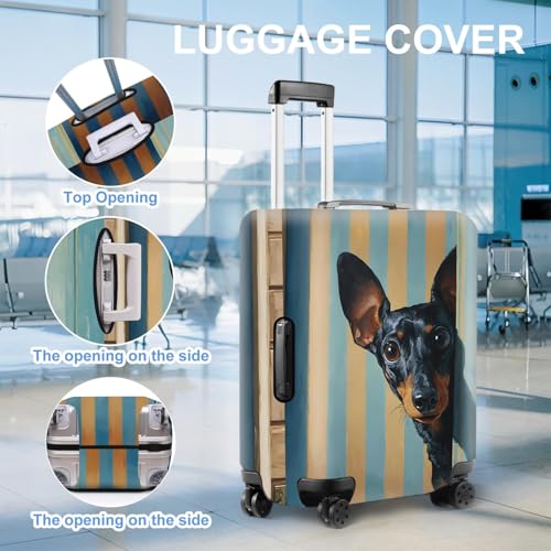 Image of Luggage Cover with Manchester Terrier Design - Stylish Dog Print Suitcase Protector with Blue and Yellow Stripes - Fits 20-22 Inch Travel Luggage,S