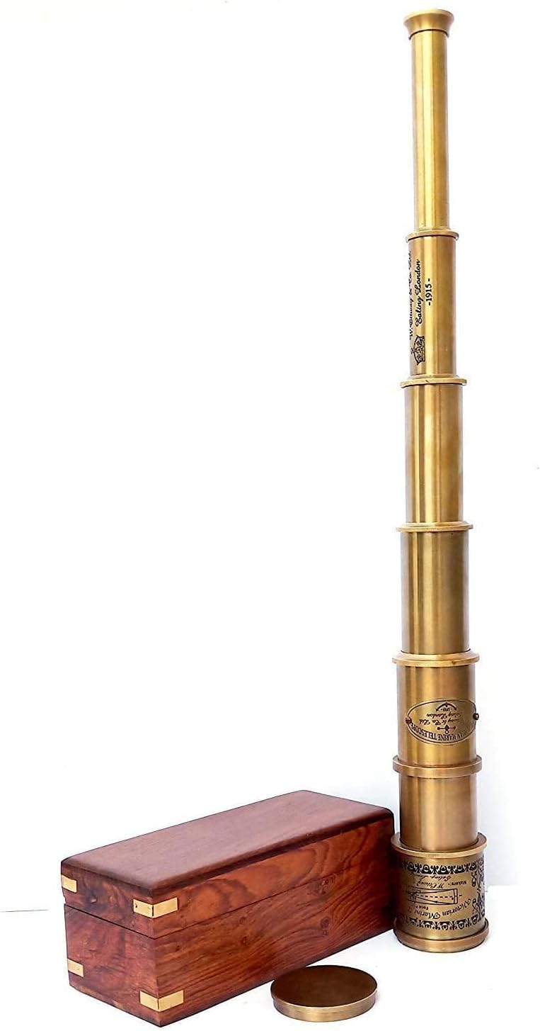 Handcrafted Brass Antique Single Barrel Telescope with Wooden Box Retro Pirate Spyglass Telescope for Home & Office Decor