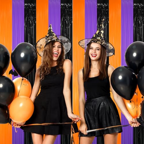 Image of GOER 3.2 ft x 8.2 ft Metallic Tinsel Foil Fringe Curtains for Halloween Birthday Graduation New Year's Party Decorations(1 Pack,Black&Orange&Purple)