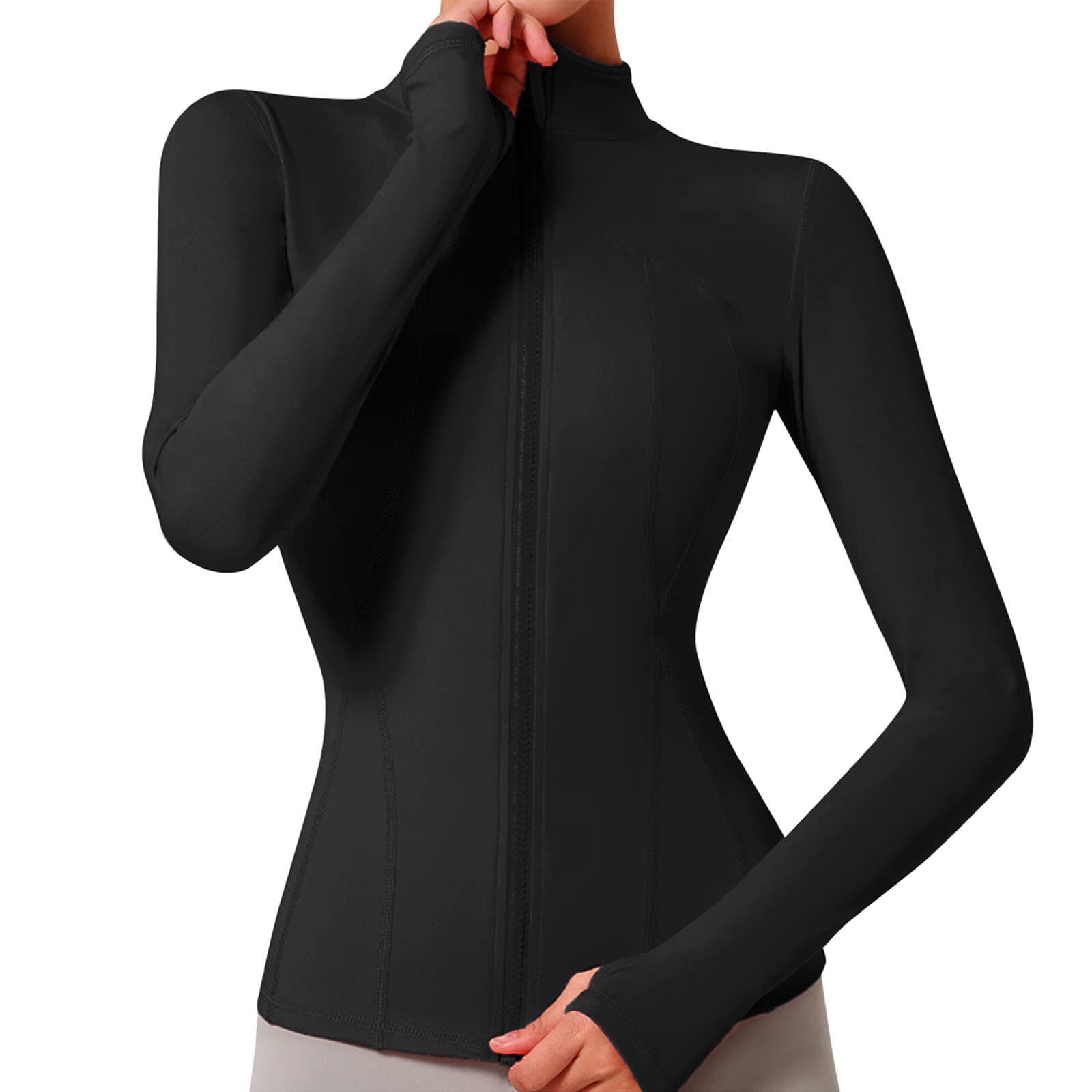 Zip UP Solid Sports Lightweight Track Workout Cropped Athletic Slim Fit Jacekts with Thumb Holes-image-24
