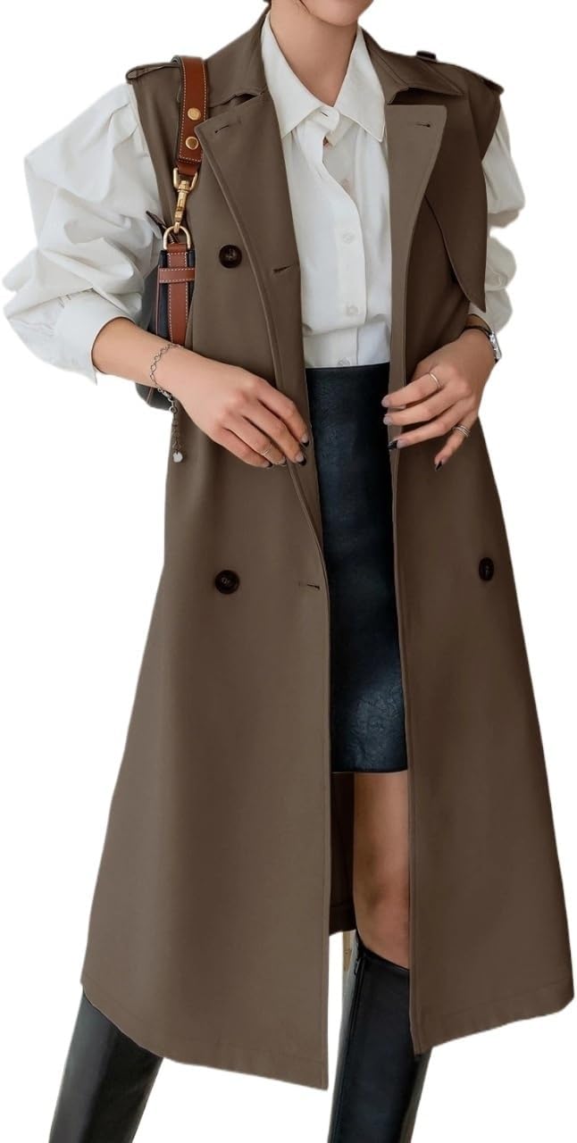 Womens Fashion Trench Outwear Solid Color Double-Breasted Sleeveless Trench Coat Jacket Coat