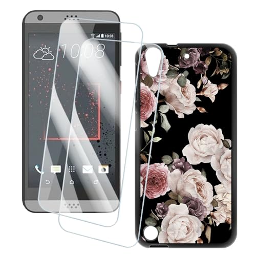 OAGELIM 2 Pack Screen Protector + Case Compatible with HTC Desire 530 (5 inch) Case Artistic Cover and Tempered Glass Film Anti-Scratch (Flowers)