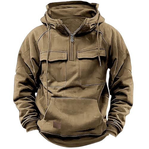 Tactical Hoodies for Men Quarter Zip Pullover Casual Long Sleeve Cargo Hoodies Vintage Drawstring Sweatshirt for Fall
