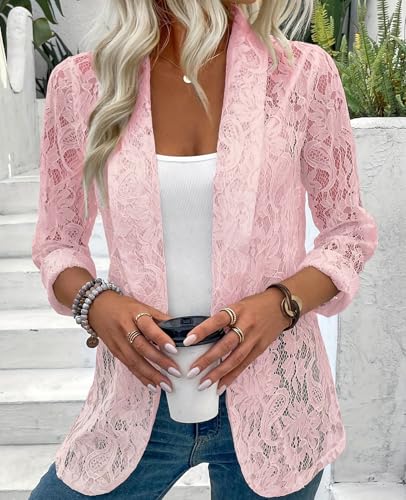 Womens Lace Blazer Jackets Open Front 3/4 Sleeve Button Sheer Mesh Blazer Elegant Casual Blazers Jacket4