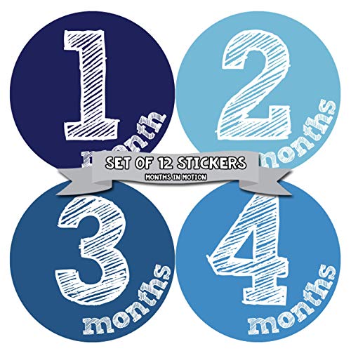 Months in Motion Baby Monthly Stickers - Baby Milestone Stickers - Newborn Boy Stickers - Month Stickers for Baby Boy - Baby Boy Stickers - Newborn Monthly Milestone Stickers (Set of 12 Stickers)
