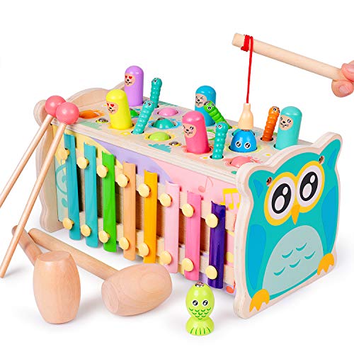 Rolimate Martelant Hamster Jouets, Montessori Début Éducatif Xylophone Jouet en Bois Jouet de pêche Aimant Jeu, Cadeau d'anniversaire pour 3 4 5 Ans garçons Filles