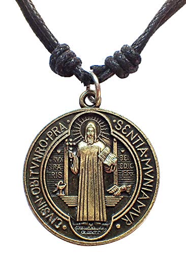 Antique Bronze Saint Benedict of Nursia Medal Pendant Adjustable Waxed Cord Necklace 16-30