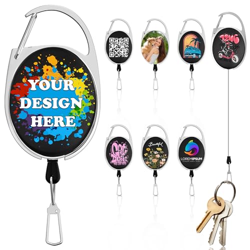10-100PCS Custom Decorate Retractable Badge Holders with Carabiner Reel Clip,Double-Sided UV Printing Custom Your Photo/Logo/Text,Personalized ID Badge Holder Name Badge Clip Bulk (Black)