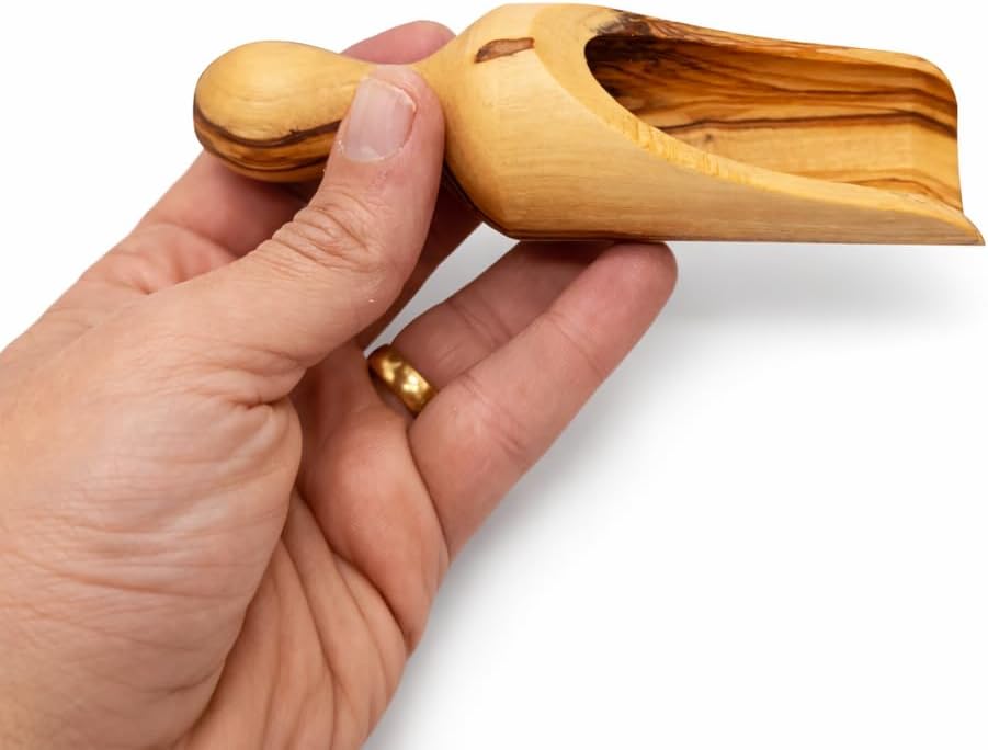 Zuluf Olive Wood Scoop, Hand Carved Wooden Kitchen Scoop 5.3 Inch with Deep Bowl and Smooth Ergonomic Handle, Natural Hardwood Food Serving Tool for Flour Sugar Coffee Tea Grains