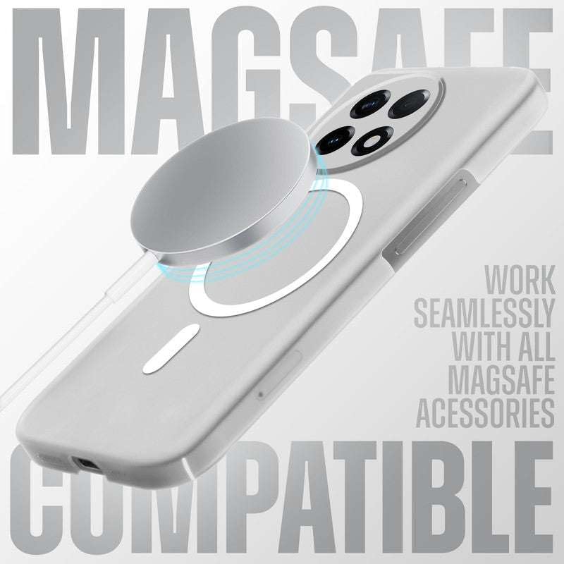 Image of Magnetic Transparent Mobile Cover for oneplus 11R Wireless Charging Compatible Shockproof Case with Slim Matte Back, Anti Yellow Hard Pc Protective Back Cover [ White]