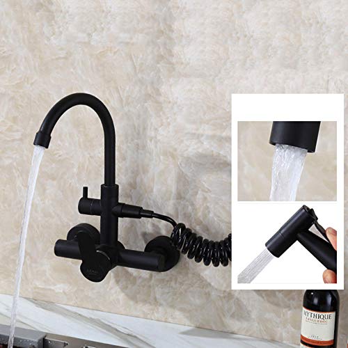 Robinetterie murale évier cuisine avec pistolet pulvérisateur double trou eau chaude - 6