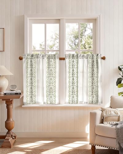 Image of Miss Adola Boho Kitchen Curtains - 30 Inch Length Linen Blend Green Floral Cafe Curtains Farmhouse Tier Curtain Short Drapes Rod Pocket for Bathroom Living Room Windows Light Filtering, 2 Panels