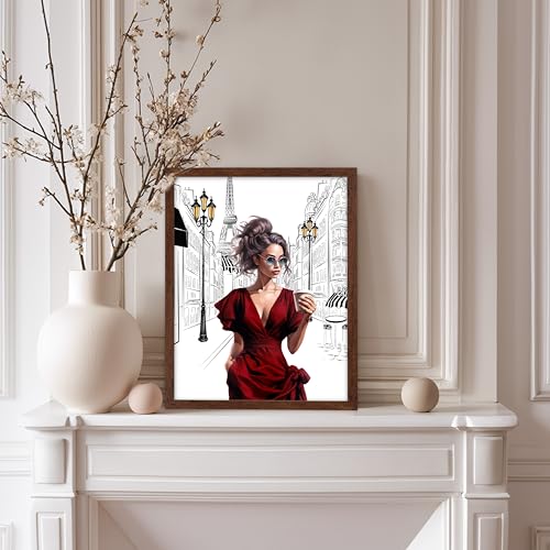 Image of Poster Master Lady in Red Print - Fashion Poster - Paris Designer Art - Modern Wall Design - Chic Gift for Women & Fashionista - Glam Decor for Bedroom or Girl's Room - 8x10 Brown Framed