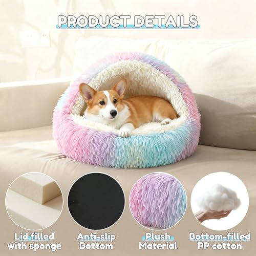 SUOXU Beruhigendes kleines Hundebett, großes Katzenbett, warmes, kuscheliges Plüsch-Winterbett für Hunde, rutschfeste Unterseite, maschinenwaschbar, Anti-Angst-Haustier-Sofa mit Kapuze für Katzen