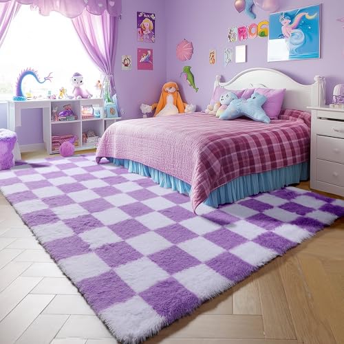 Image of KICMOR Purple Rugs for Bedroom Living Room, Fluffy Soft Checkered 4x6 Area Rug Fuzzy Shag Shaggy Carpet, Indoor Plush Bedside Floor Rugs for Kids Girls Boys Teen Dorm Nursery Home Decor Aesthetic