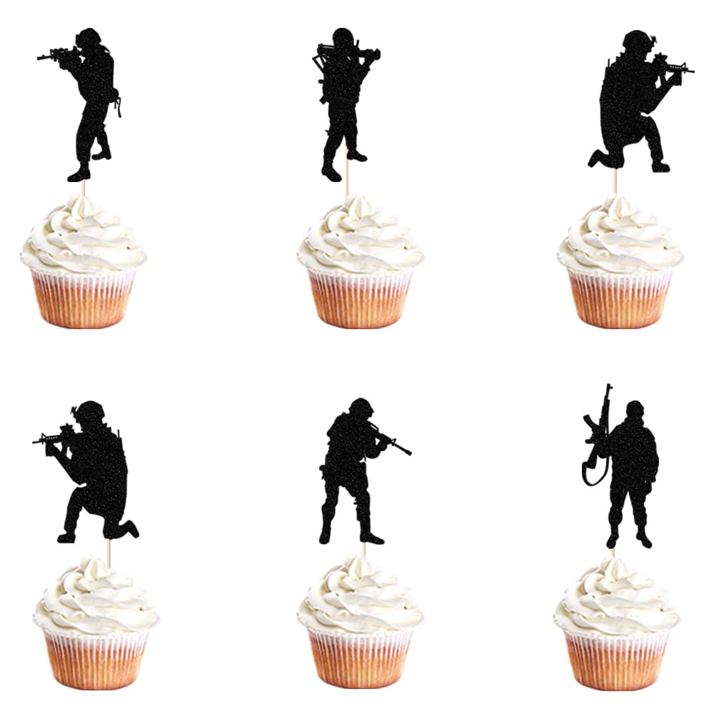 Dxsdgetue 24 Pieces Military Themed Cupcake Toppers，Military soldier birthday cake decoration，Veteran's Day Cake Topper，Men's Birthday Party