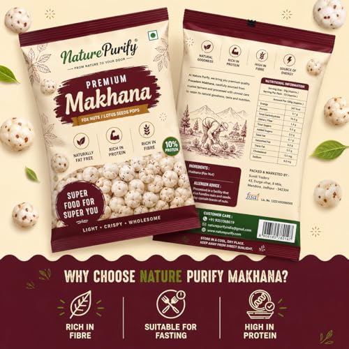Image of Nature Purify Premium Plain Phool Makhana 200GM | Raw Plain Phool Makhana| Rich in Calcium & Antioxidants| Handpicked Jumbo Size High Protein Fox Nuts /Premium Lotus Seeds for Fasting
