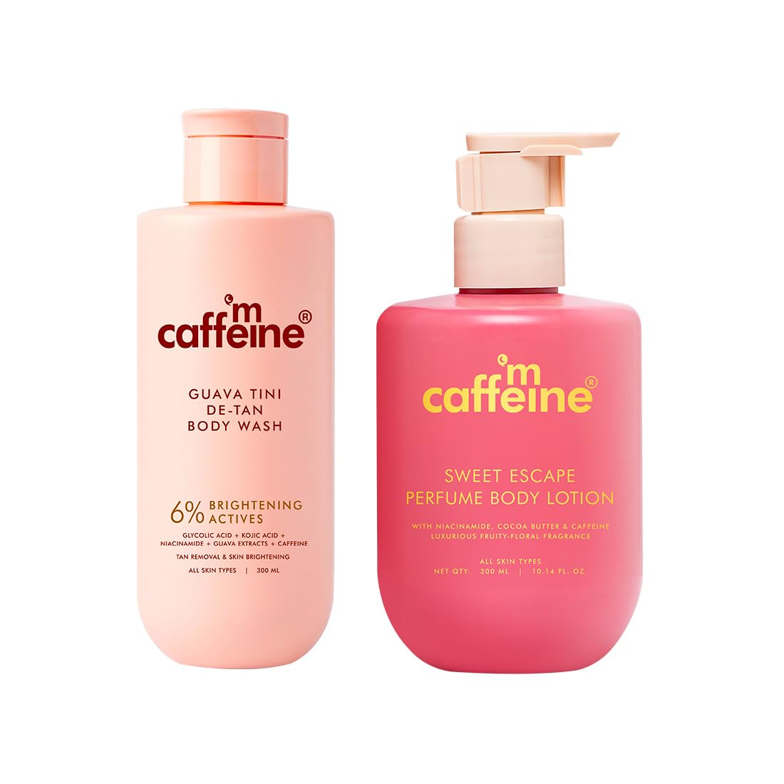mCaffeine Guava Tini Body Wash & Sweet Escape Body Lotion | 1% Glycolic Acid, 5% Kojic Acid, Niacinamide| Deep Moisturization, Reduces Dark Spots | Fruity & Floral Scent - 300ml x 2
