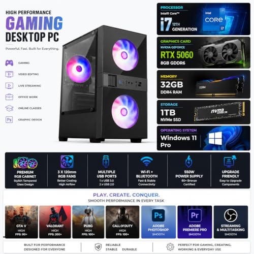 Image of Gaming Desktop Computer | Core i7 12th Generation | RTX 5060 8GB Graphics | 32GB RAM | 1TB NVMe SSD | Windows 11 Pro | RGB Gaming PC