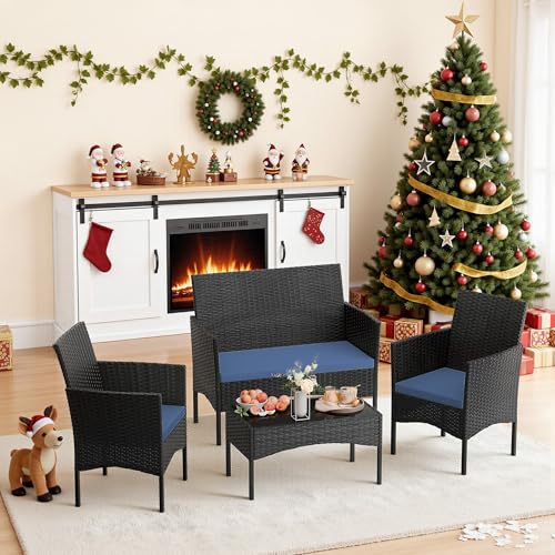 Image of 4 Pieces Patio Furniture Set Outdoor Conversation Set Rattan Furniture Set Wicker Chairs and Sofa with Glass Table for Porch Pool Backyard Garden,Navy Blue