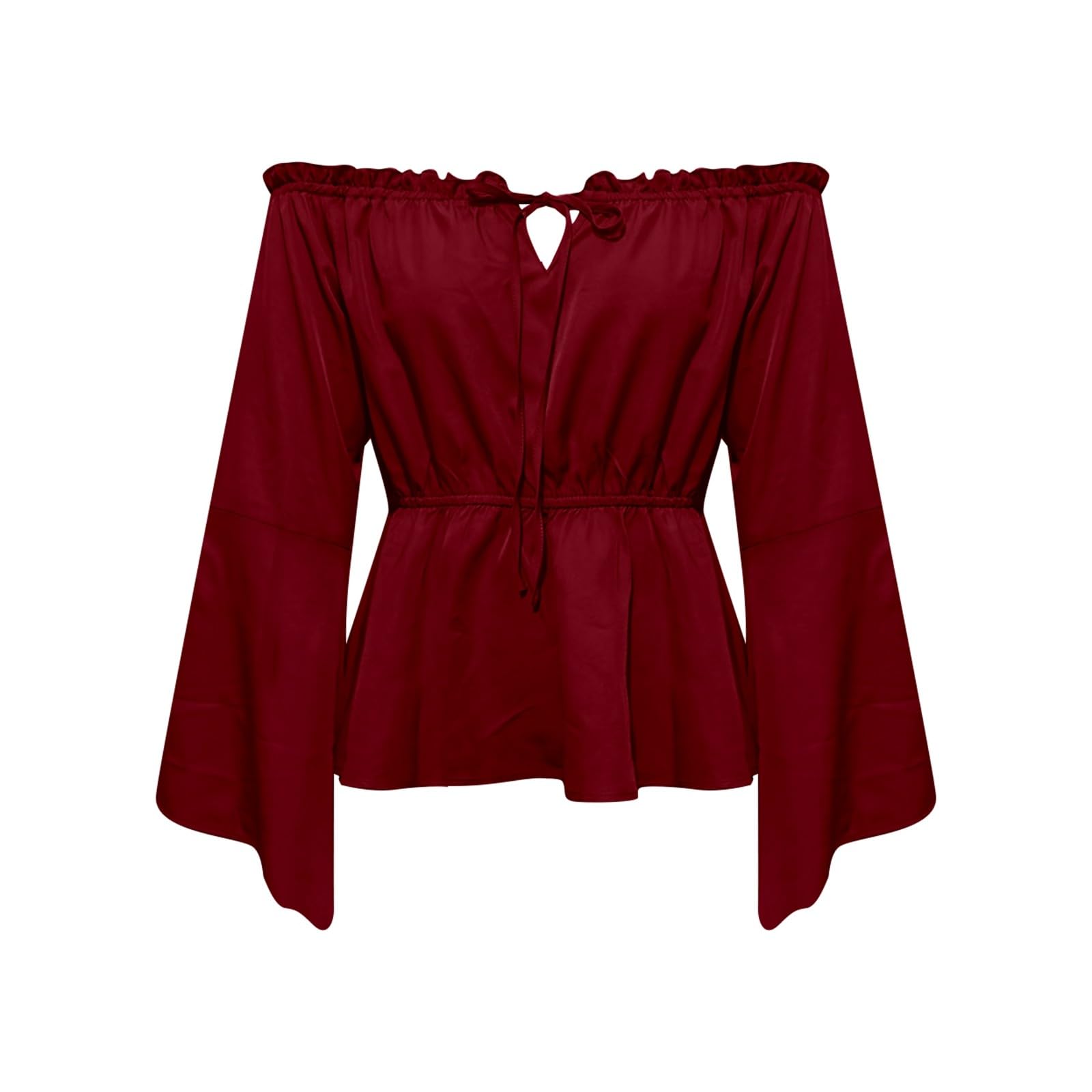 Chemisier en mousseline de soie pour femme, épaules dénudées, style médiéval, haut à manches, couleur pure, chemise bohème fluide pour le quotidien au printemps