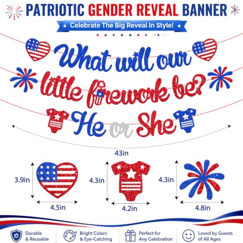 Image of What Will Our Little Firework Be He or She Banner 4th of July Garland | Independence Day Gender Reveal Party Decorations Red White & Blue Patriotic Baby Shower Party Supplies