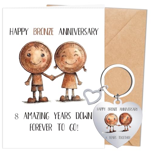 Luvart 8th Wedding Anniversary Card Gifts 8th Bronze Wedding Anniversary Presents Set Cute Funny Bronze Marriaged Eighth Years Card with Envekope and Keyring Gifts for Wife Husband Couple