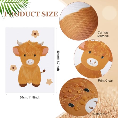 Geyoga 3 Pcs Baby Highland Cattle Canvas Wall Decor Watercolor Nursery Wall Decor Cow Picture Scottish Animal Farm Cow Cattle Painting Furry Cow New Mom Gifts for Boys and Girls Room, 12 x 16 Inch - Image 3