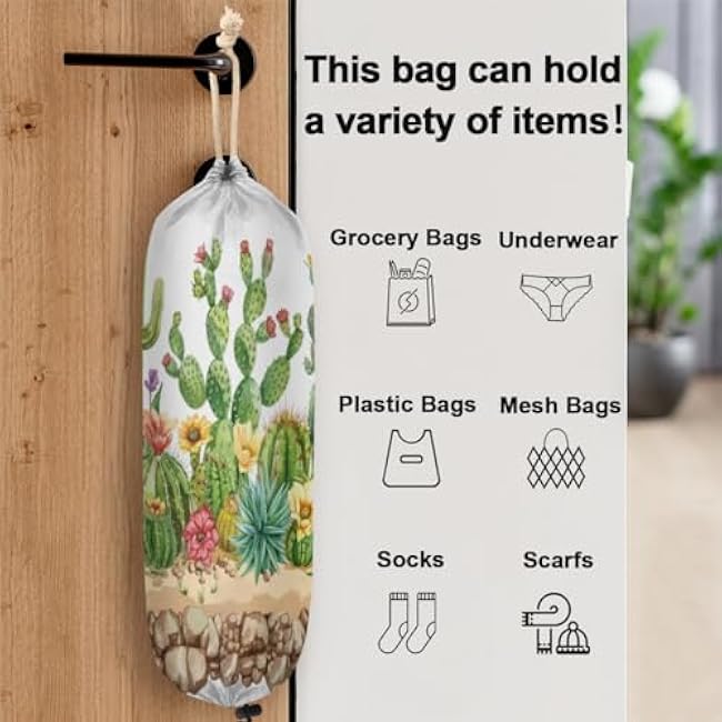 Colorful Cartoon Cactus Plastic Bag Holder Summer Succulent Theme Washable Grocery Bag Organizer for Plastic Bag Reusable Storage Dispenser for Kitchen