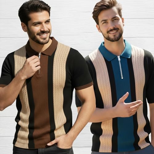 Image of AUSK Men's Textured Vertical Striped Knit Polo T-Shirt | Half Sleeve Zipper Neck Self-Design Casual Tee | Mens Tshirts