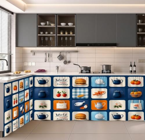 Image of Under Sink & Counter Curtain for Modular Kitchen - Printed Fabric Rod Pocket Hanging Skirt, Washable Under-Counter Cover, Pack of 2 Panels (Each Panel: 150 x 70 cm) (Burger)