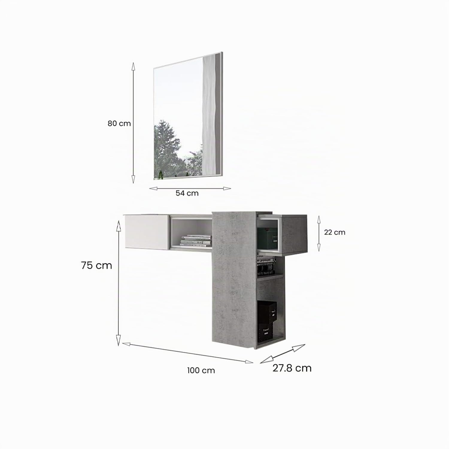 Dmora - Meuble d'entrée avec miroir, entrée pour hall avec tiroir, Vide-poche pour petits appartements, cm 100x27h155, couleur Ciment et Blanc