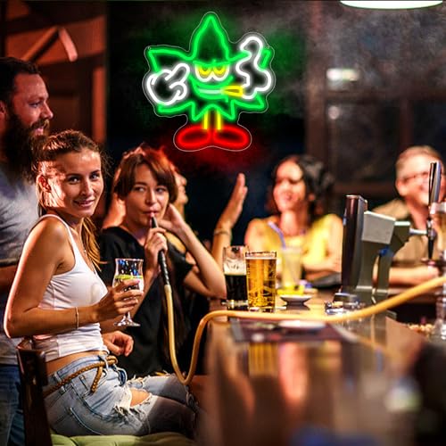 Image of Weed Neon Sign for Wall Decor Green Leaf Neon Light Dimmable Cartoon Neon Light Sign Weed Wall Decor Neon Signs for Man Cave Bedroom Hotel Shop Bar Garage Decor Gifts for Men,Size 13.8 * 13.1in(P044)