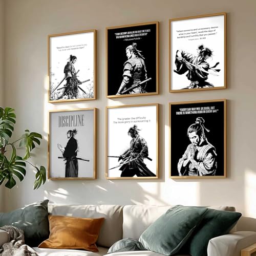 Image of HOTHOUSE Japanese Samurai Motivational Art Framed Posters for Living Room Bedroom Gaming Room Studio | Aesthetic Japanese Theme Samurai Poster with Frames Wall Decor Set Of 6 (10X13 inch)