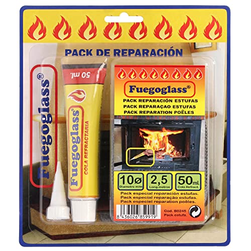 WOLFPACK LINEA PROFESIONAL - Kit Reparacion Estufas/Chimeneas, Cola Refractaria y Cordon Fibra Vidrio 10 mm. x 2,5 m.