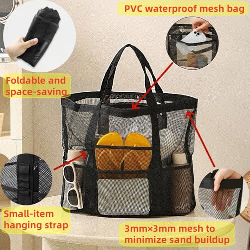 Mesh Beach Bags, Large Waterproof and Sandproof Tote Bag for Beach Vacation Essentials for Travel, Summer Accessories3