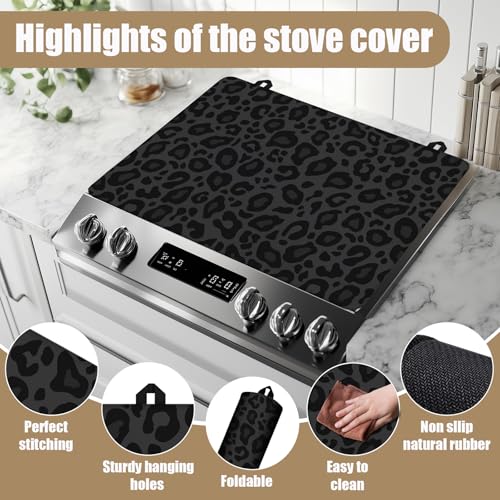 Image of Black Leopard Stove Top Covers for Electric Stove, Electric Gas Stove Pad Heat Resistant Range Cooktop Protector for Home Decor Kitchen 28 inchx20 inch