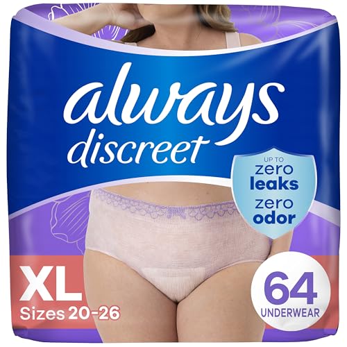 Image of Always Discreet Adult Incontinence Underwear for Women and Postpartum Underwear, XL, Up to 100% Bladder Leak Protection, 64 Count (Packaging May Vary)