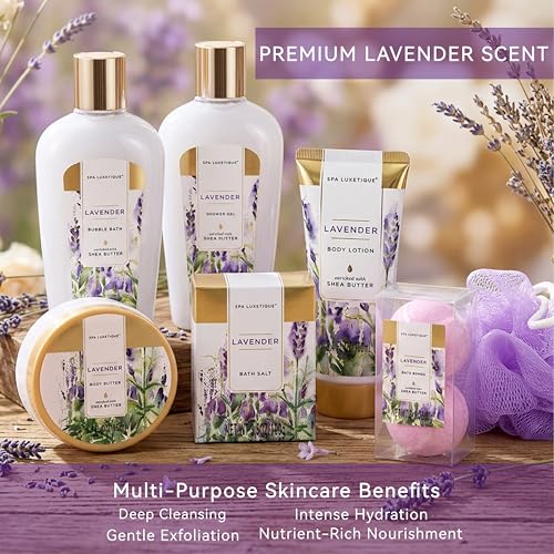 Image of spa luxetique Spa Gift Baskets for Women, 8 Pcs Lavender Lotion Set with Bubble Bath, Shower Gel, Birthday Anniversary Self Care Kit for Her, Christmas Gifts for Mom