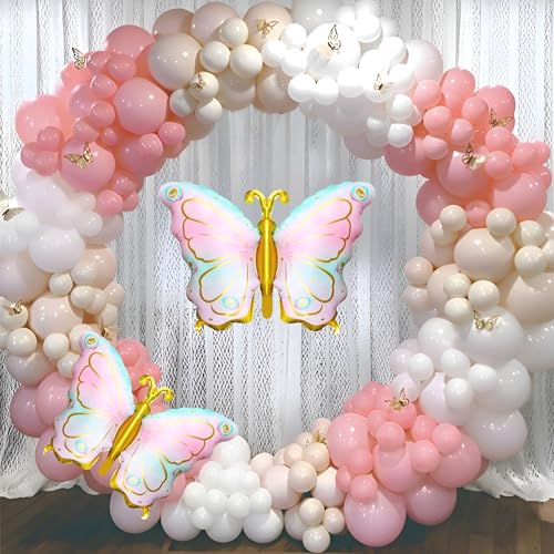 Image of Pink, White and Sand White Balloon Garland Kit Pack of 76 Pcs with Foil Butterfly for Birthday, Anniversary, Home Decoration