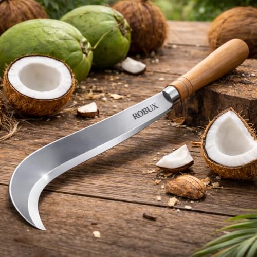 Image of ROBUX Handmade Suspension Billhook Knife | Traditional Agricultural Tool | High Carbon Steel Curved Blade with Wooden Handle | Coconut Cutter & Multipurpose Garden Tool