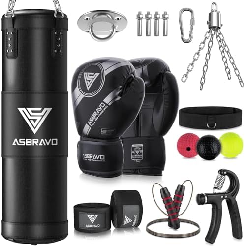 ASBRAVO Boxsack Set für Erwachsene, 120cm schwere Boxsack mit 12oz Handschuhen, 5m Handverpackungen für MMA Karate Kickboxing Boxen Home Gym Training - Ungefüllt