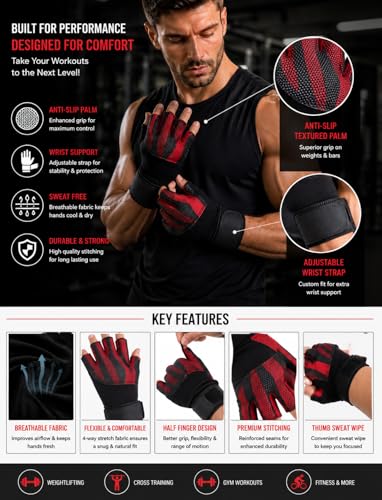 Image of GymWar Unisex Leather Gladiator Gym Gloves | for Professional Weightlifting, Fitness Training and Workout | with Half-Finger Length, Wrist Wrap for Protection (Red, XL)
